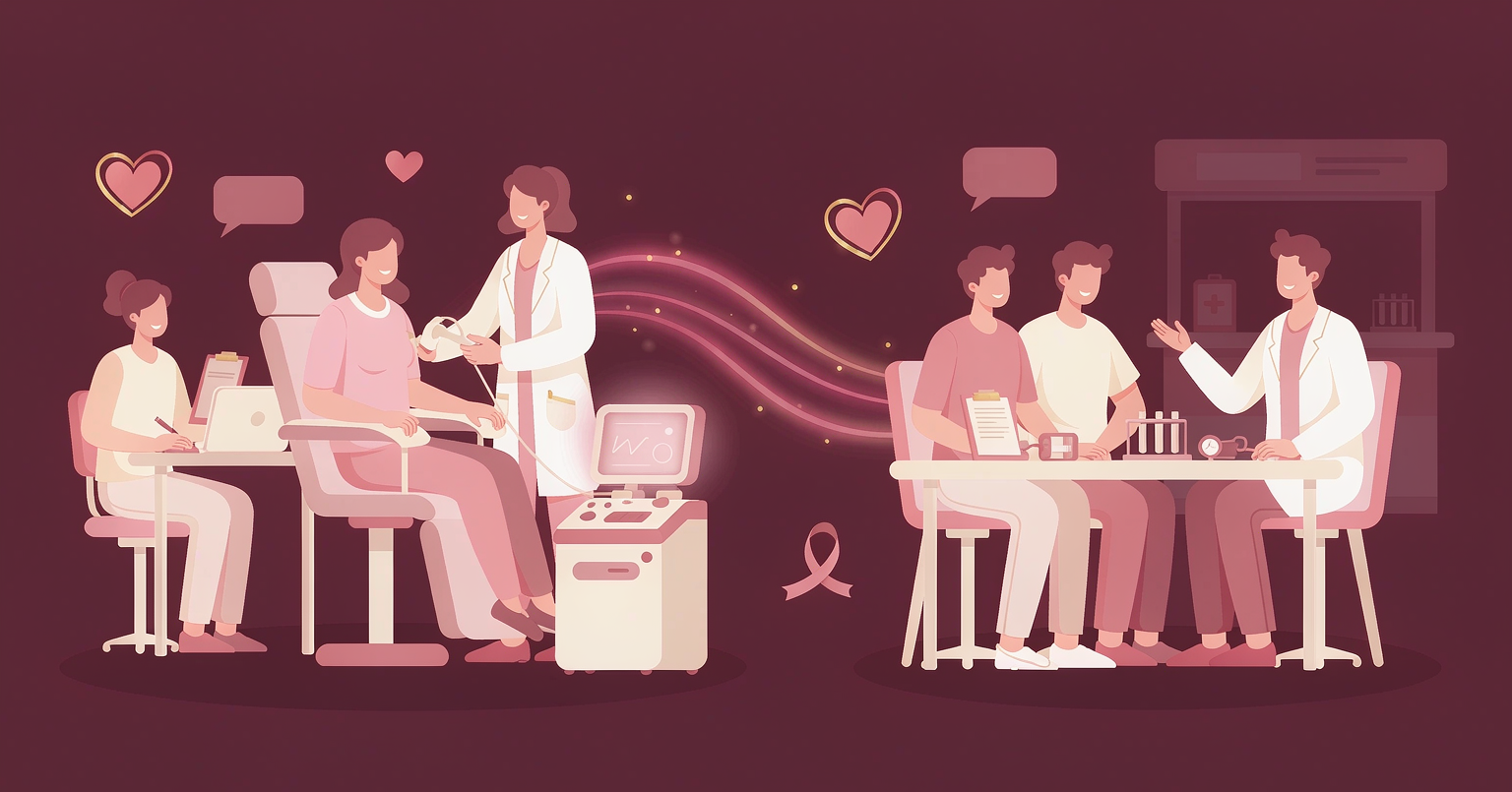 两条免费服务线场景（AI 生成示意）：左侧为免费两癌筛查，医生为妇女做乳腺超声；右侧为免费婚前孕前检查，医生为夫妻讲解报告